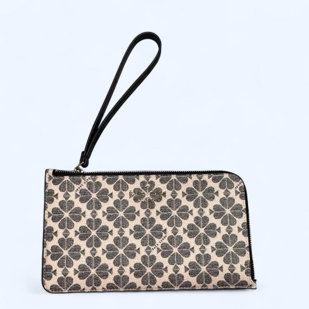Kate Spade NY Flower Zip Wristlet Wallet‎ Clutch Black Cream Luxury Preppy Luxe